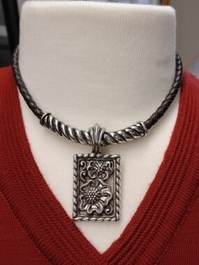 Silver Floral Rectangular Pendant Necklace on Black Braided Cord